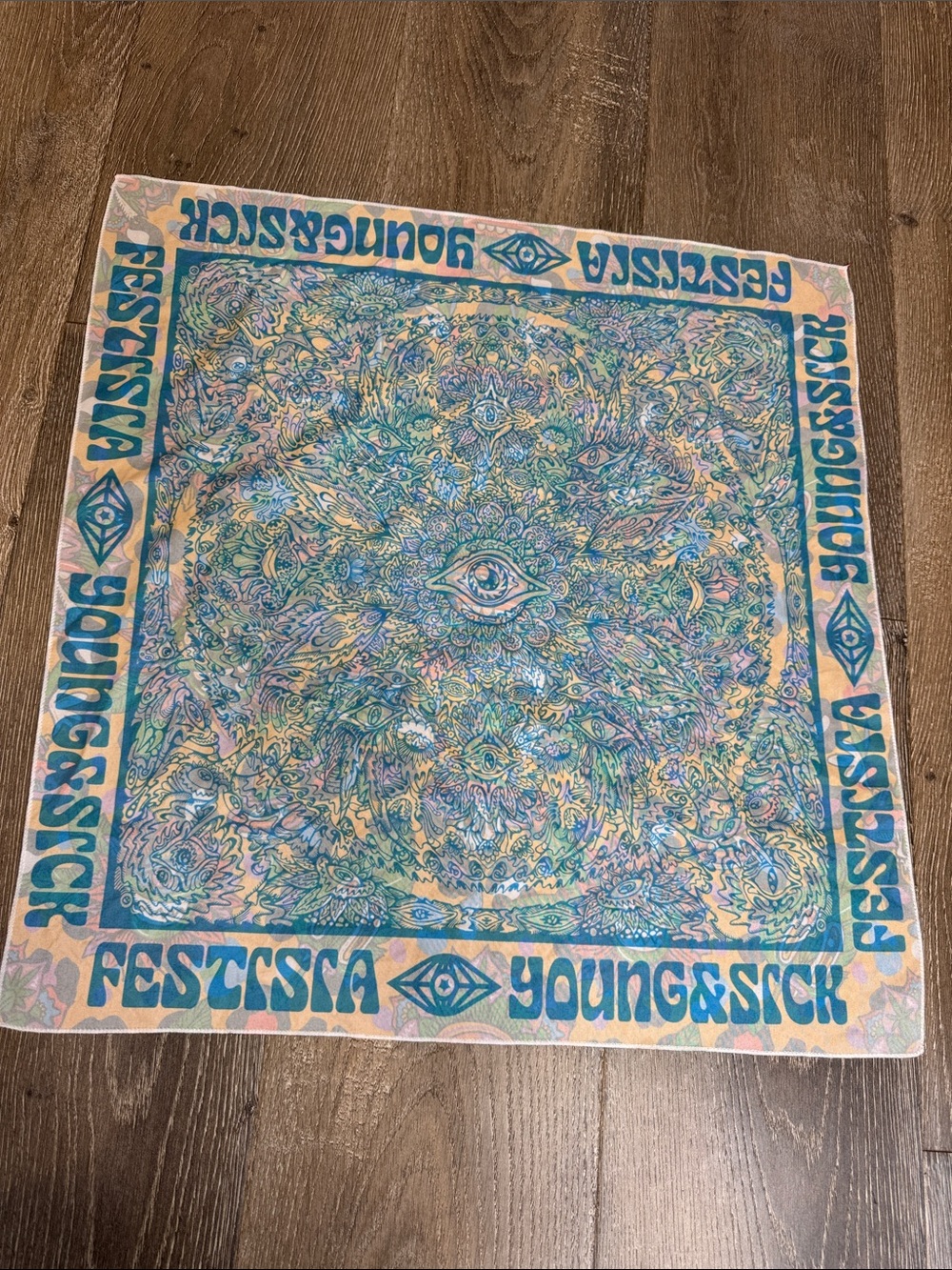 Young & Sick Festistica Graphic Bandana Scarf in Teal & Peach 0736